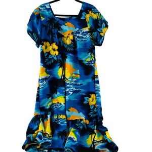 Vintage Hawaiian Floral Print Dress By Kalena Fashions Size Large Midi Colorful